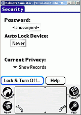 Security panel of the Treo 650